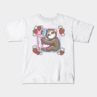 Kawaii Sloth Strawberry Milk Boba Tea Kids T-Shirt